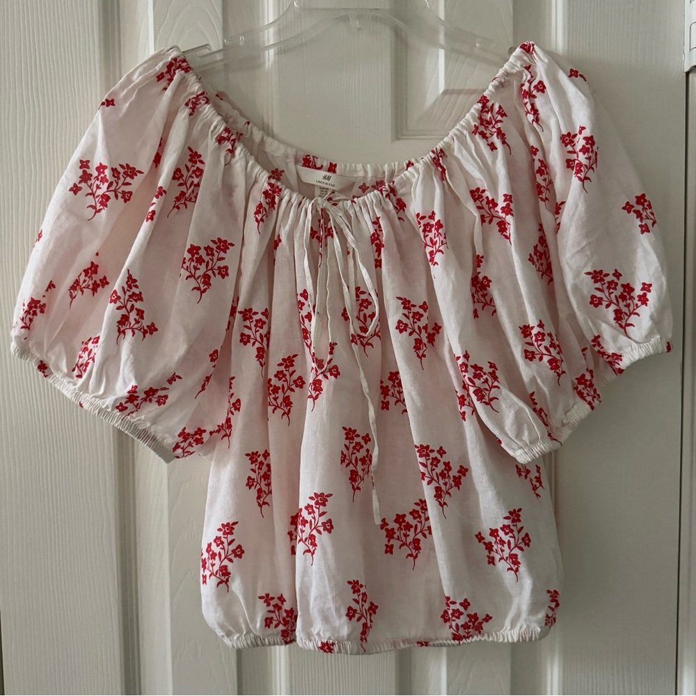 H&M Linen Blend Floral Puff Sleeve Tie Blouse Women XS NWOT